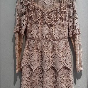 Anna Sui Floral Lace Long Sleeve Dress in Blush